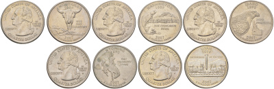 США годовой набор из 5 монет (25 центов, квотер, 1/4 доллара) серии квотеры 50 штатов 2007 Квотер штата Монтана, Вашингтон, Айдахо, Вайоминг и Юта KM 396, 397, 398, 399 и 400 медь плакированный медно-никелем UNC 4629-141-145