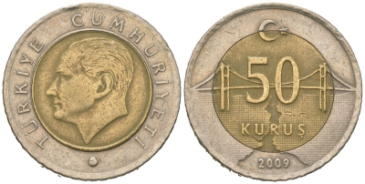 Турция 50 курушей 2009 Кемаль Ататюрк KM 1243 биметалл 4620-552