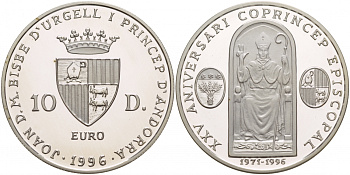 Андорра 10 динеров 1996 25 лет соправления  Жоана Марти-и-Аланиса, ECU KM 125 серебро PROOF 1088-8-22