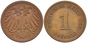 ГЕРМАНИЯ 1 ПФЕННИГ 1900 E KM 10, J. 10, Weege 2 медь 211-249