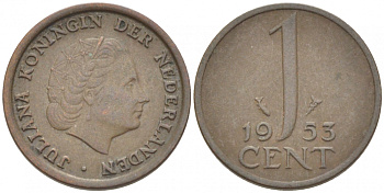 Нидерланды 1 цент 1953 Юлиана (1948-1980) КМ 180 бронза 3955-224