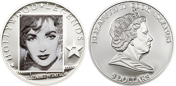 Острова Кука 5 долларов 2011 Элизабет Тейлор, цветная эмаль KM 1263 серебро PROOF 1074-2-44