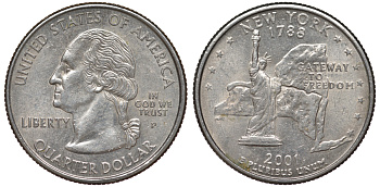 США 25 центов = квотер 2001 Р, серия штаты США, Нью-Йорк KM 318 медь плакированная медно-никелем 4541-417