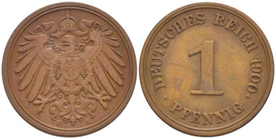 ГЕРМАНИЯ 1 ПФЕННИГ 1900 E KM 10, J. 10, Weege 2 медь 211-249