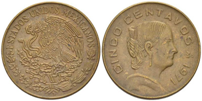 Мексика 5 сентаво 1971 Жозефа Ортис де Домингес KM 427 латунь 105-866