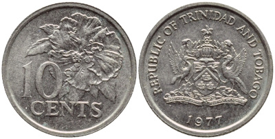 Тринидад и Тобаго 10 центов 1977 цветок гибискуса KM 31 медно-никель 4396-861