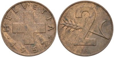 Швейцария 2 раппена 1957 В KM 47 бронза 4591-1151