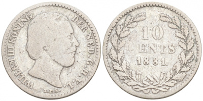 НИДЕРЛАНДЫ 10 ЦЕНТОВ 1881 ВИЛЬГЕЛЬМ III KM 80 серебро 44-1023