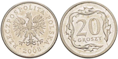 Польша 20 грошей 2008 MW KM 280 медно-никель 201-523