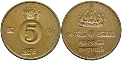 Швеция 5 эре 1960 TS Густав VI Адольф (1950-1973) KM 822 бронза 4397-153