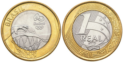 Бразилия 1 реал 2015 XXXI летние Олимпийские Игры, Рио-де-Жанейро 2016 - Баскетбол KM 704 биметалл UNC 4139-1132
