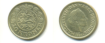 ДАНИЯ 20 КРОН 1990 LG; JP; A, МАРГРЕТЕ II (1972-) KM 871 алюминиевая бронза 179-235