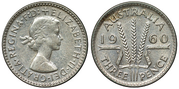 Австралия 3 пенса 1960 m, Елизавета II (1952-2022) KM 57 серебро 71-626