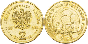 Польша 2 злотых 2006 MW, чемпионат мира по футболу, Германия 2006, FIFA KM 606, Parchimowicz 992 латунь 4542-836