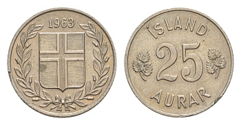 Исландия 25 эйре 1963 KM 11 медно-никель UNC 4632-948