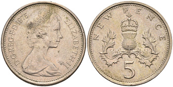 Великобритания 5 пенсов 1975 Елизавета II (1952-2022) KM 911, Spink 4233 (D1) медно-никель 4116-757