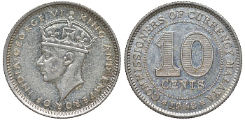 Британская Малайя 10 центов 1943 Георг VI (1937-1952) KM 4a серебро 53-236