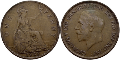 Великобритания 1 пенни 1929 Георг V (1910-1936) KM 838, Spink 4055 бронза 221-116