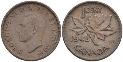 Канада 1 цент 1942 Георг VI (1937-1952), кленовый лист KM 32 бронза    4115-739