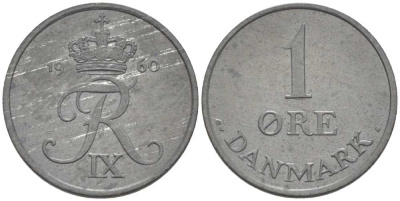 Дания 1 эре 1960 С; S, Фредерик IX (1947-1972) KM 839.2 цинк UNC 4387-364