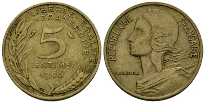 Франция 5 сантимов 1966 тип Marianne KM 933 алюминиевая бронза 4136-436