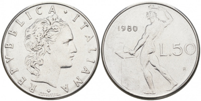 ИТАЛИЯ 50 ЛИР 1980 R КУЗНЕЦ KM 95.1 сталь 68-511