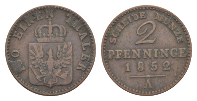 Пруссия 2 пфеннига 1852 A, Фридрих Вильгельм IV (1840-1861) KM 452, Jaeger 51, Olding 336, AKS 91 медь 4651-231