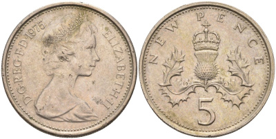Великобритания 5 пенсов 1975 Елизавета II (1952-2022) KM 911, Spink 4233 (D1) медно-никель 4116-757