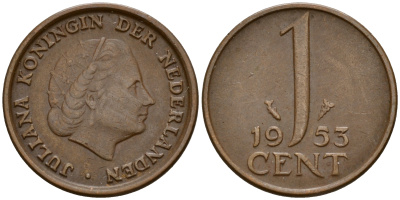 Нидерланды 1 цент 1953 Юлиана (1949-1980) KM 180 бронза    4598-155