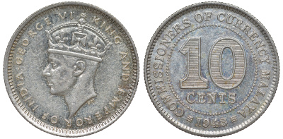 Британская Малайя 10 центов 1943 Георг VI (1937-1952) KM 4a серебро 53-236