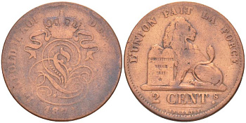 БЕЛЬГИЯ 2 САНТИМА 1875 BELGES, ЛЕОПОЛЬД II (1865-1909) KM 35.1 медь 4516-726