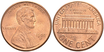 США 1 ЦЕНТ 1988 D KM 201b ЛИНКОЛЬН медь цинк UNC 187-713