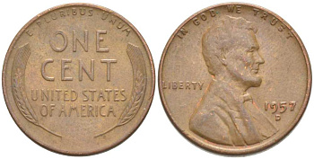 США 1 ЦЕНТ 1957 D, ЛИНКОЛЬН KM А132 медь цинк 218-1039