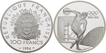 Франция 100 франков 1994 100 лет Олимпийскому движению (1896-1996), дискобол KM 1047 серебро PROOF 1078-1-11