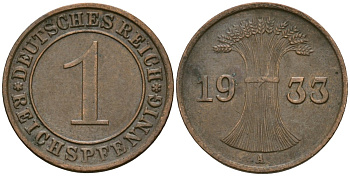 Германия 1 рейхспфенниг 1933 A KM 37, J. 313 бронза 4189-1222