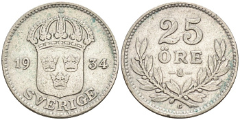 Швеция 25 эре 1934 G, Густав V (1907-1950) KM 785 серебро 4380-1044