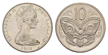Новая Зеландия 10 центов 1980 KM 41.1 медно-никель 4179-1027