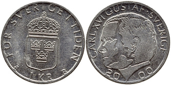 Швеция 1 крона 2000 Карл XVI Густав (1973- ) KM 852а медно-никель 4379-436