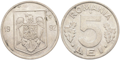 Румыния 5 лей 1992 KM 114 сталь плакированная никелем 219-1253