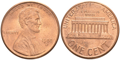 США 1 ЦЕНТ 1988 D KM 201b ЛИНКОЛЬН медь цинк UNC 187-713
