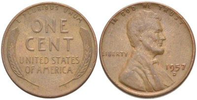 США 1 ЦЕНТ 1957 D, ЛИНКОЛЬН KM А132 медь цинк 218-1039