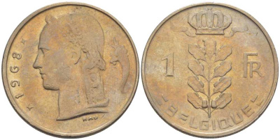 БЕЛЬГИЯ 1 ФРАНК 1968 BELGIQUE, БОДУЭН I (1951-1993) KM 142.1 медно-никель 202-1034