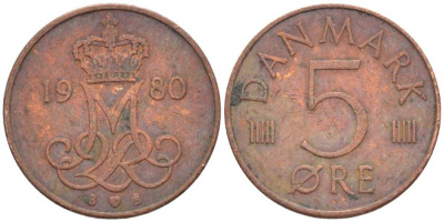 ДАНИЯ 5 ЭРЕ 1980 B; B, МАРГРЕТЕ II (1972-) KM 859.2 железо плакированное медью 4392-715