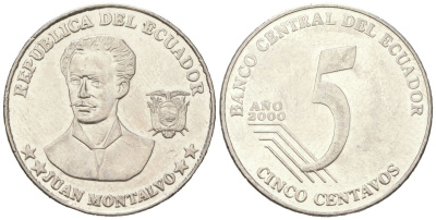 Эквадор 5 сентаво 2000 KM 105 нержавеющая сталь 4401-931