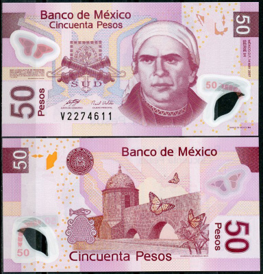 Мексика 50 песо 2007 Pick 123 h пластик UNC (пресс) 8602-44-3-1