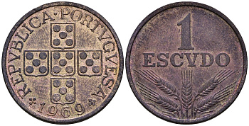 Португалия 1 эскудо 1969 первый год KM 597 бронза 4148-425