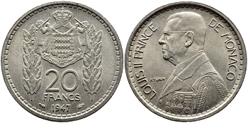 Монако 20 франков 1947 Луи II (1922-1949) KM 124 медно-никель 4389-1242