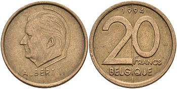 Бельгия 20 франков 1994 Belgique, Альберт II KM 191 никель бронза 4126-322