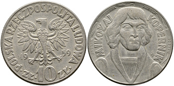 ПОЛЬША 10 ЗЛОТЫХ 1959 НИКОЛАЙ КОПЕРНИК KM 51 медно-никель 441-641