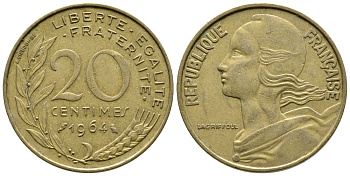 ФРАНЦИЯ 20 САНТИМОВ 1964 ТИП MARIANNE KM 930, LE FRANC 156.4 алюминиевая бронза 4364-3247